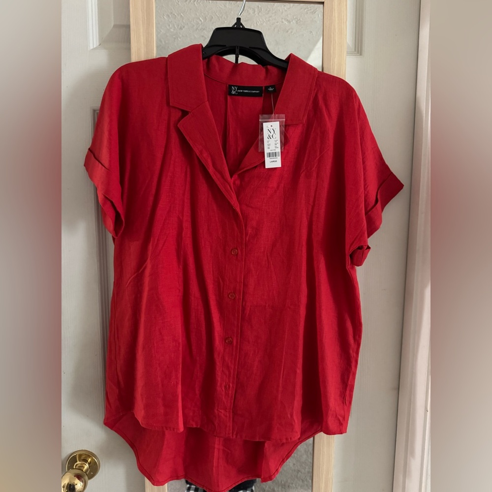 New York & Company cord setRed Button-Down linen Shirt size L and bottom size M